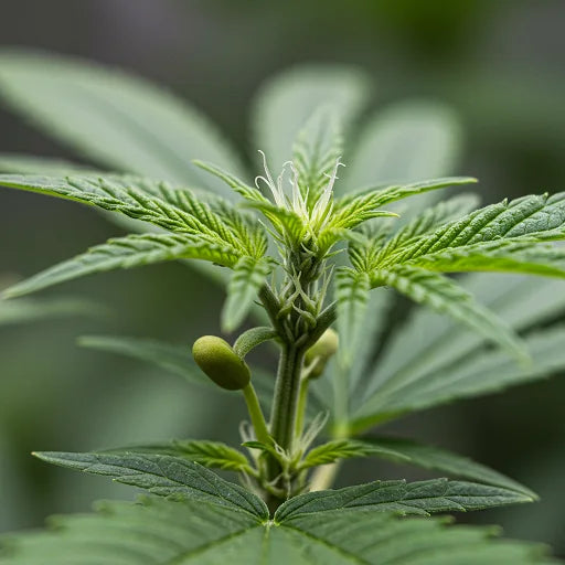 Detailed view of a hemp plant's seed heads, showing developing seeds