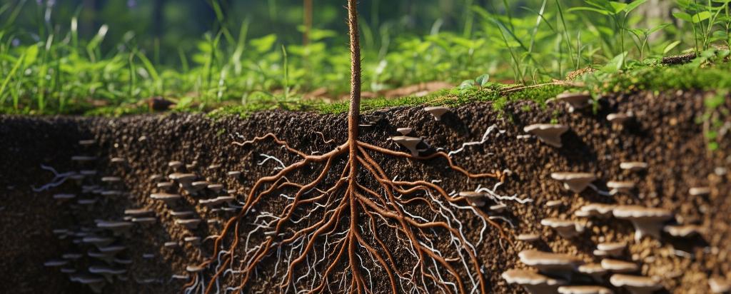 Detailed macro photograph of hemp roots interacting with soil, illustrating nutrient uptake